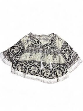 Kathmandu Imports Elephant Print Boho Fringe Rayon Poncho Cape One Size